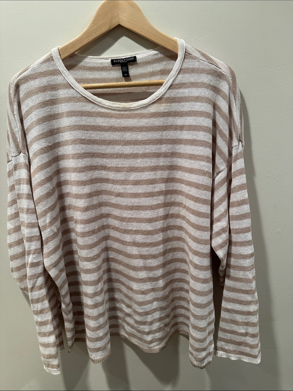 Eileen Fisher Beige and Cream Striped Lightweight Crew Sweater